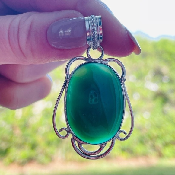 Green Art Glass Sterling Silver Vintage Pendant for Necklace
